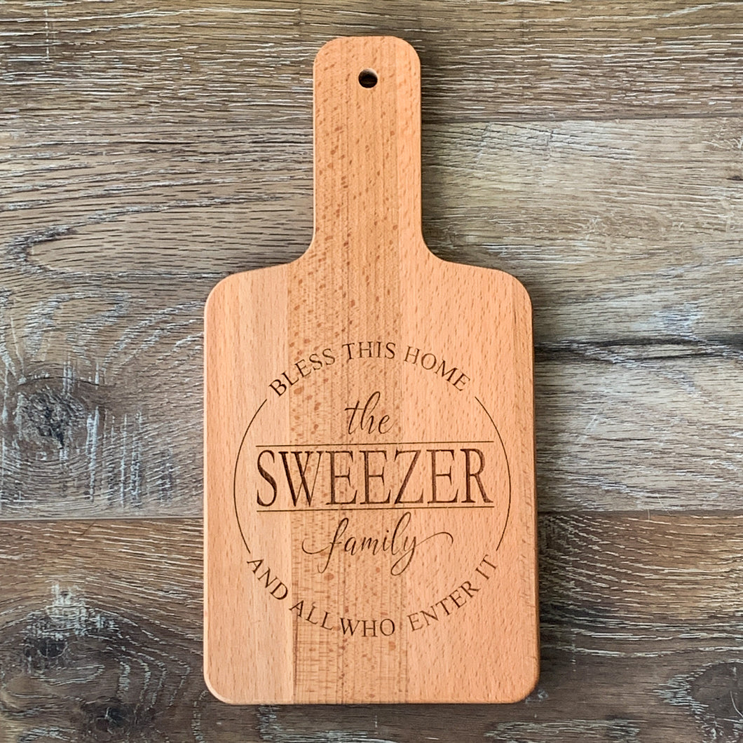Bless Our Home engraved last name cutting board
